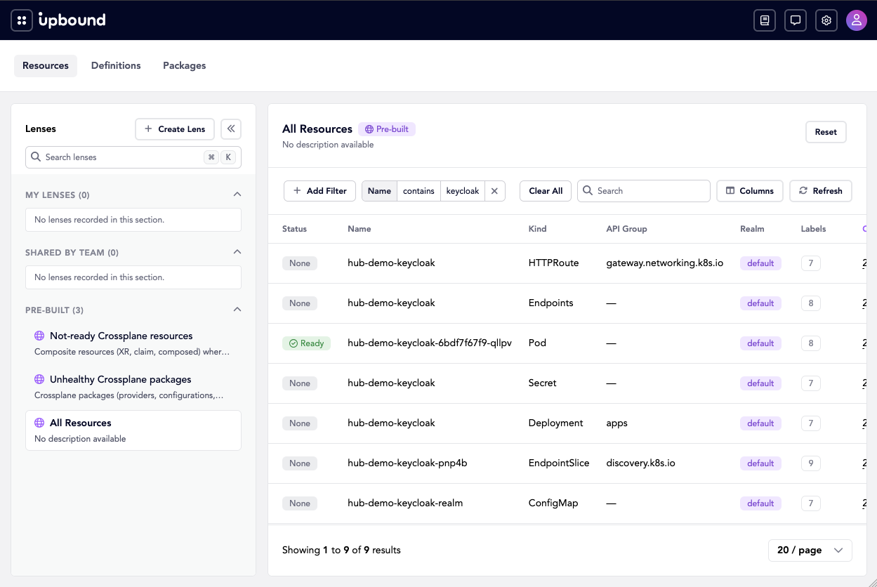 The resources page filtered to resources whose name contains keycloak